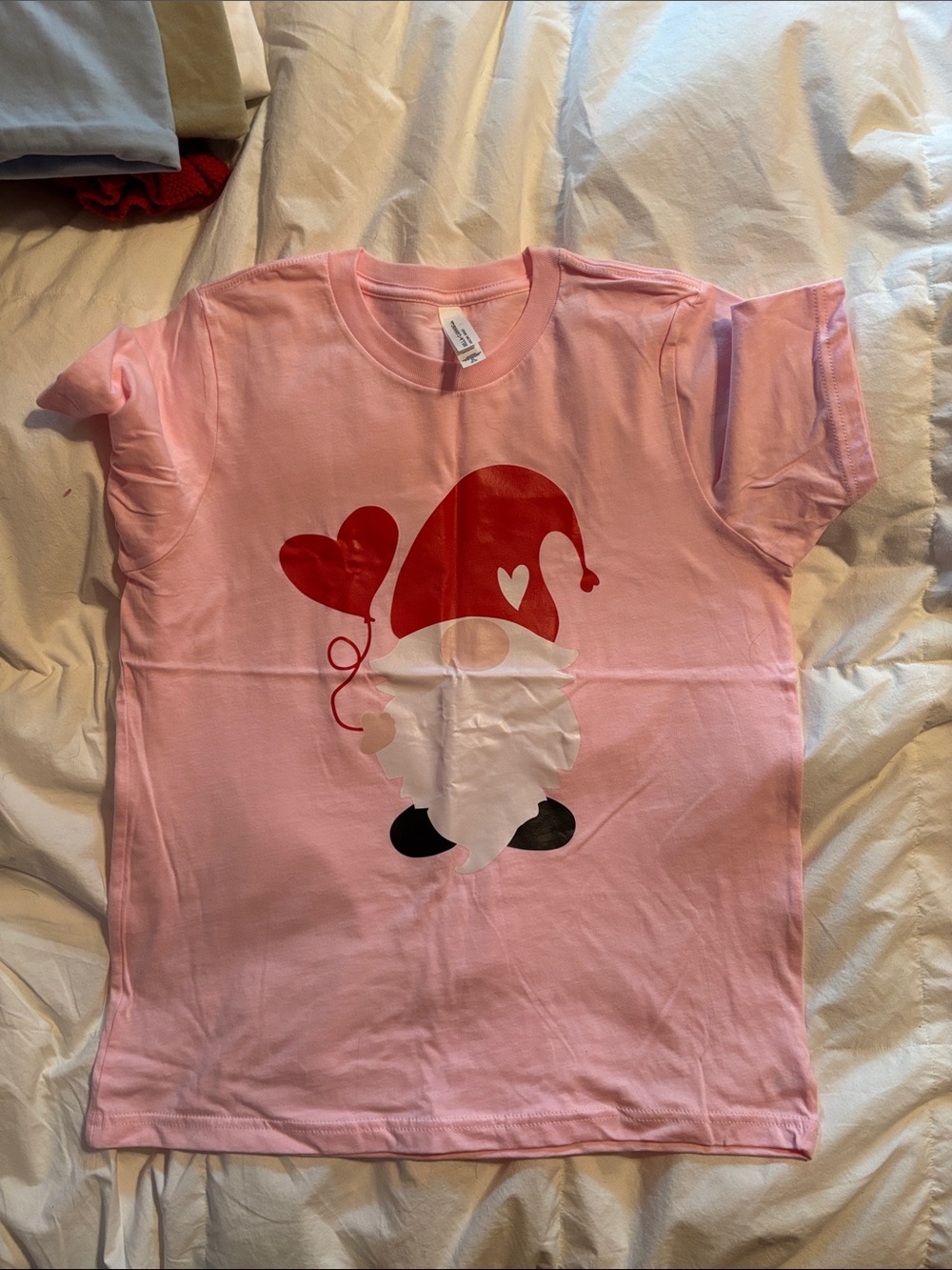 Bella Canvas Pink Tee with Red Gnome Graphic